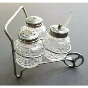 Salt and Pepper in a Metal Cart Holder Caddy M331 Anchor Hocking Vintage